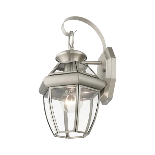 Livex Lighting 2051-91 Monterey 1 Light Outdoor Brushed Nickel Finish Solid Brass Wall Lantern with Clear Beveled Glass - color: Brushed Nickel