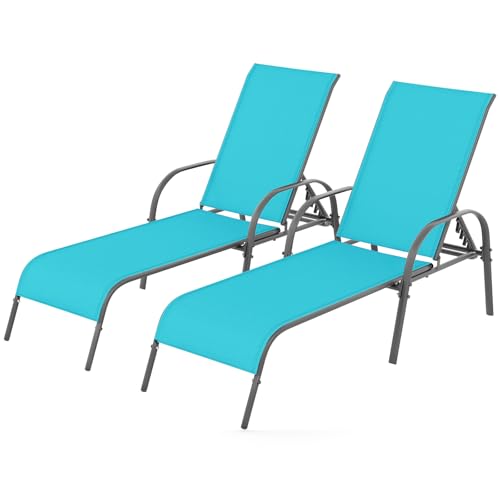Giantex 2 Pack Patio Lounge Chair, Outdoor Chaise Lounge with 5 Adjustable Backrest, Sturdy Steel Frame, Sunbathing Recliner, Tanning Chair for Beach, Outside, Yard, Balcony, Pool Chairs (2,Turquoise) - color: Turquoise