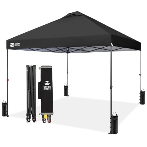 CROWN SHADES 10x10 Pop Up Canopy Tent - Patented Center Lock One Push Instant Outdoor Canopy Beach Tent with STO-N-Go Bag 8 Stakes & 4 Sand Bags，Black - style: Black