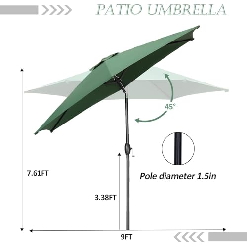 HYD-Parts 9FT Patio Umbrella Outdoor Table Umbrella,Market Umbrella with Push Button Tilt and Crank for Garden, Lawn, Deck, Backyard & Pool, with a Base (Green) - color: Green, size: Umbrella+Base