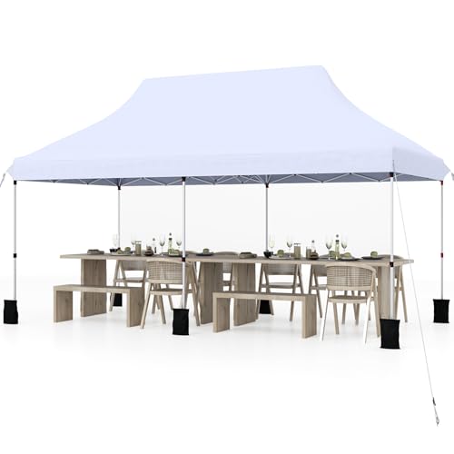 Tangkula 10x20 Ft Pop Up Canopy, Instant Setup Tent with 6 Sandbags, 12 Stakes & 6 Ropes, UPF 50+ Portable Outdoor Canopy Tent with Carrying Bag for Camp, Beach, Patio (White) - color: White, size: 10x20 Ft