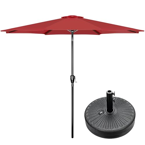 Simple Deluxe 9FT Outdoor Patio Umbrella Table Market Umbrella with Push Button Tilt and Crank and 50lbs Base Stand, for Garden, Lawn, Deck, Backyard, Pool, Red - color: Combo-9ft-Red&Black, size: 9ft