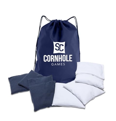 Weather Resistant Cornhole Bags (Set of 8) with Heavy Duty Tote - Professional Regulation 16oz Size & Weight - color: Navy Blue/White