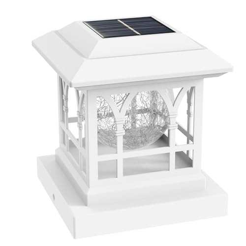 Fence Post Solar Lights, Crackle Glass Solar Post Cap Lights, 20 Lumens, Warm White & RGB Automatic Cycling 2 Modes for 3.6x3.6 4x4 4.5x4.5 5x5 Vinyl Wooden Posts Decoration, White (1 Pack) - color: White, size: 1 Pack