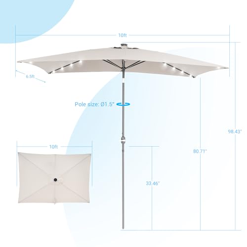 Rectangle Patio Umbrella with Solar Lights, 10 x 6.5ft Rectangular Outdoor Umbrella Table Market Patio Umbrella with Push Button Tilt and Crank for Garden, Deck, Backyard, Pool - color: Beige