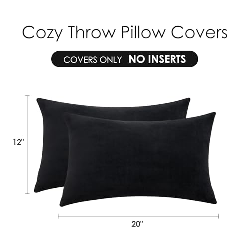 Throw Pillow Covers Decorative Velvet Set of 2 12x20 Inch Pillow Covers, Soft Black Lumbar Pillowcases for Couch Sofa Bed Living Room, Farmhouse Home Boho Decor, Accent Cushion Covers - color: Black, size: 20" x 12" (Pack of 2)