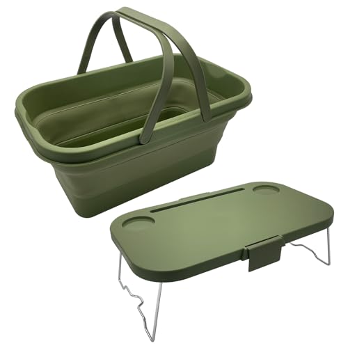 Foldable Picnic Basket Large Capacity Camping Folding Basket with Table Car Trunk Organiser Can be Used as Ice Bucket Suitable for Camping, car Storage, Home Sorting, etc.Dark Green - color: Dark Green