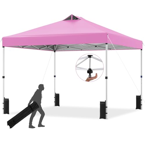 Tangkula 10 x10 Ft Pop Up Canopy with Center Lock, UPF 50+ One-Button Setup Outdoor Canopy Tent with Roller Bag, 4 Sand Bags, Heavy-Duty Steel Frame, 8 Stakes, 4 Ropes for Camping, Picnic (Pink) - color: Pink