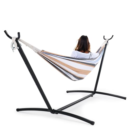 Sweetcrispy Double Hammock with Space Saving Steel Stand Heavy Duty 2 Person Standing Hammocks 450lb Capacity for Outside Garden Yard with Portable Carrying Bag