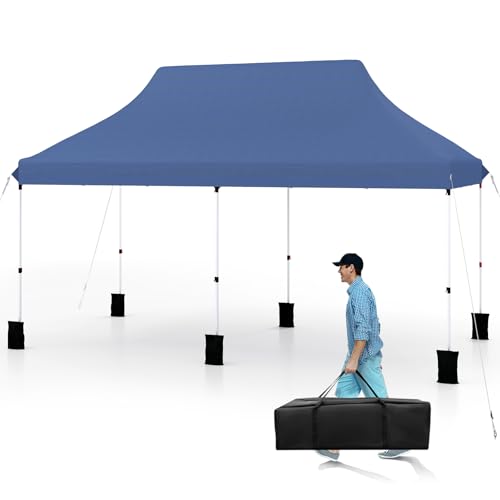 Tangkula 10x20 Ft Pop Up Canopy, Instant Setup Outdoor Tent with 6 Sand Bags, 12 Stakes & 6 Ropes, UPF 50+ Portable Canopy Tent with Carrying Bag for Camp, Beach, Patio (Blue) - color: Blue, size: 10x20 Ft