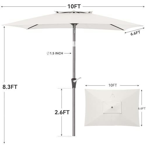 6.6 x 10 ft Rectangular Patio Umbrella, Outdoor Market Table Umbrella with Push Button Tilt and Crank, Double-Tier Vent, 6 Ribs, Rectangle Patio Umbrella for Backyard, Deck, Pool, Fits 4–6 Chairs and Tables (White) - color: White