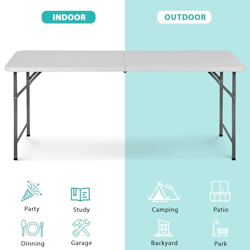 SUPER DEAL Upgraded 6FT Folding Picnic Table for Outdoor, Portable Fold-in-Half Plastic Dining Picnic Party Table with Carrying Handle - size: 6 FT