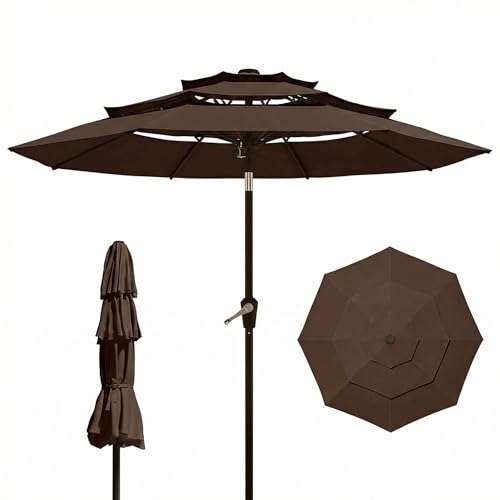 10FT Patio Umbrella 3 Tiers Outdoor Market Umbrella w/Push Button Tilt, Crank, UV and Waterproof Table Umbrella for Garden, Pool, Backyard, Deck, Lawn, Brown - color: Brown