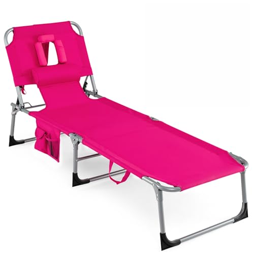 COSTWAY Tanning Chair with Face Hole, Folding Beach Lounge Chair with 4-Position Adjustable Backrest, Pillow & Side Pocket, Foldable Chaise Lounge Chair Outdoor for Sunbathing, Camping (1, Pink) - color: Pink