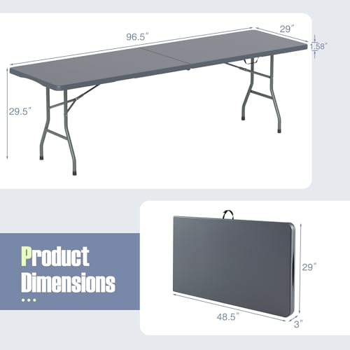 Goplus 8ft Plastic Folding Table, 350 LBS Outdoor Heavy Duty Folding Tables with HDPE Tabletop, Handle, Lock, Foldable Rectangle Portable Utility Card Table for Picnic, Party, Camping, Dining - color: Grey, size: 96.5" x 29" 29.5"