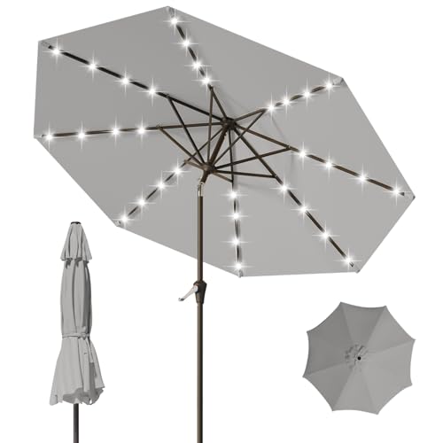 9FT Patio Umbrella with Solar Lights,Outdoor Market Umbrella with Tilt and Crank, LED Lighted Table Umbrella for Garden,Deck,Backyard,Pool,Beach (Light Gray) - color: Light Gray