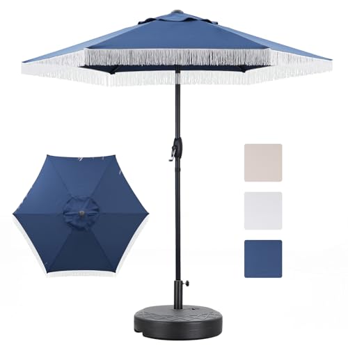 GDY 7.5 ft Tassel Patio Umbrella, Fringe with Umbrella Base - Stylish Beach, Pool, and Yard Umbrella for Ultimate Outdoor Decor, Navy Blue - color: Dark Blue, size: Umbrella+Base