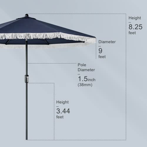 Tempera 9ft Auto Tilt Patio Umbrellas with Fringe, Outdoor Market Umbrellas with Fade Resistant Canopy, 8 Sturdy Rids, Luxurious Vintage Umbrellas for Lawn, Pool, Deck, Balcony - color: Navy, size: 9 FT