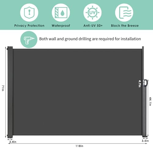 LIFERUN 118" x 71" Side Awning, Retractable Side Awning, Patio Retractable Side Screen, UV Resistant, Waterproof, Patio Privacy Screen for Garden, Balcony, Courtyard(Dark Grey) - size: 118" x 71"