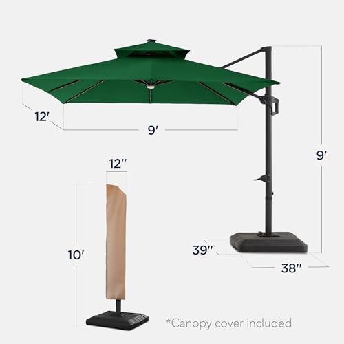 Best Choice Products 9x12ft LED Cantilever Patio Umbrella w/Base Included & 360° Rotation, Large Solar Offset Hanging Outdoor Sun Shade for Deck, Backyard Table w/Stand & Lights – Green - color: Green, size: 9x12ft