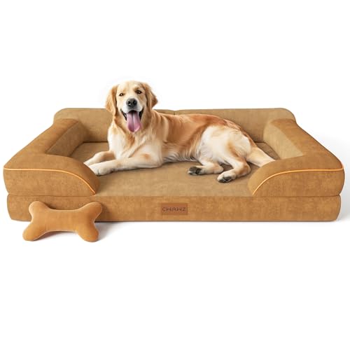 CWAWZ Extra Large Dog Bed, Orthopedic Dog Beds with Cooling Gel Memory Foam, Waterproof XL Pet Bed with Removable Washable Cover, 42" Pet Sofa Couch Dutch Velvet with Bone Toy, Brown - color: Brown, size: X-Large(42"L x 30"W x 9.5"Th)