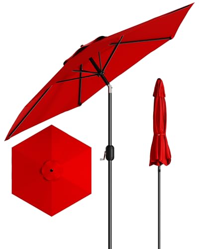 GarveeLife Outdoor Patio Umbrella, Table Market Umbrella with Push Button Tilt and Crank, 8 Sturdy Ribs UV Protection Waterproof for Garden, Deck, Backyard, Pool - color: Light Red, size: 7.5FT