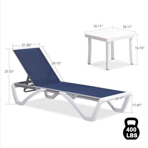 PURPLE LEAF Patio Chaise Lounge Chair Set Outside Aluminum Plastic Stackable Tanning Chairs with Side Table for Pool Sunbathing Beach Deck Outdoor Lounger, Navy Blue - color: Navy Blue, style: 1 chair + 1 table