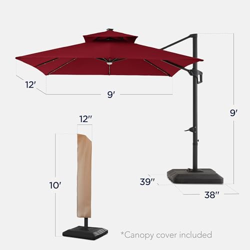 Best Choice Products 9x12ft LED Cantilever Patio Umbrella w/Base Included & 360° Rotation, Large Solar Offset Hanging Outdoor Sun Shade for Deck, Backyard Table w/Stand & Lights – Burgundy - color: Burgundy, size: 9x12ft