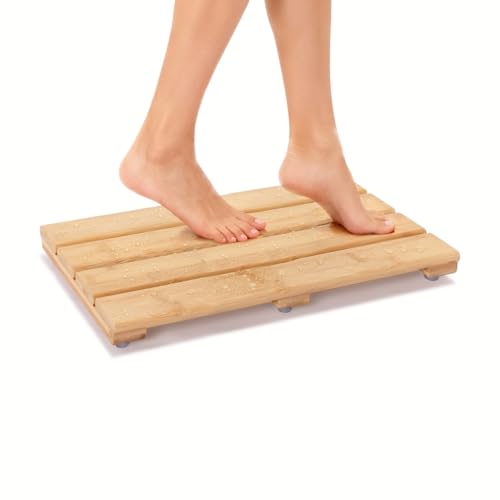 Small Bamboo Bath Mat – Mini Wooden Shower Floor Mat for Compact Bathroom, RV or Tight Spaces, Non-Slip, Quick Dry, Easy to Clean, Indoor Outdoor Use, 15.8" x 10.2" by PELYN - size: 15.8" x 10.2" (Rectangular)