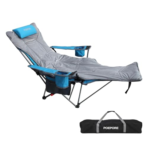 Reclining Camping Chair with Removable Footrest Lounge Chair with Headrest, Cotton Cushion, Portable Adjustable Folding Chairs - color: Blue, size: 1 pack