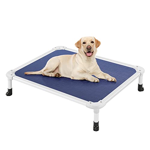Veehoo Chew Proof Elevated Dog Bed - Cooling Raised Pet Cot - Silver Aluminum Frame and Durable Textilene Mesh Fabric, Unique Designed No-Slip Feet for Indoor or Outdoor Use, Blue, Medium, CWC2003 - color: Blue, size: 32.0"L x 25.0"W x 7.0"Th