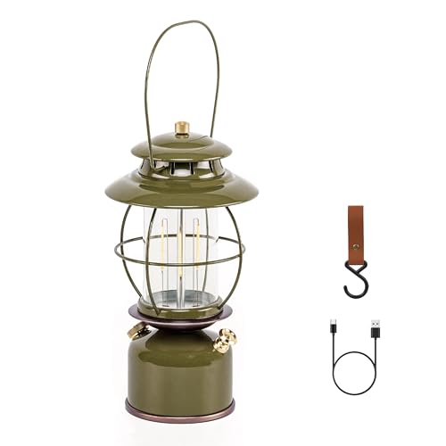 Metal Vintage LED Camping Lantern, 6800mAh Rechargeable Battery Last 17-500 Hours Camping Lamp, Large Dimmable Hanging Lantern, Retro Camping Light with Hook for Courtyard Outdoor Decoration - style: Retro Army Green