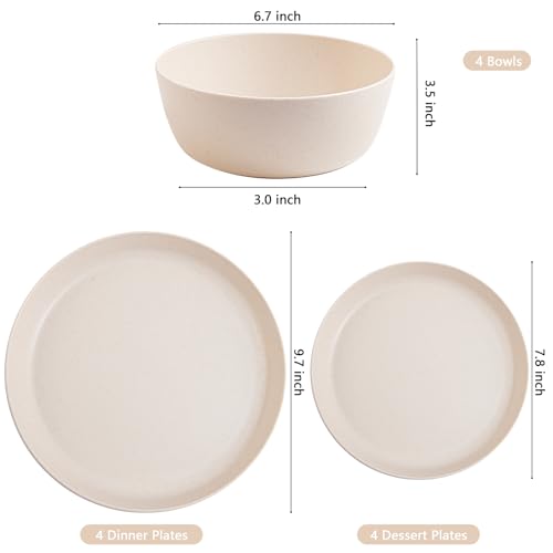 EI 12pcs Wheat Straw Dinnerware Set of 4,Reusable Plastic Plates,Unbreakable Dinner Plates,Deep Dinner Hard Premium Plastic Plate,Microwave Dishwasher Safe for Camping,Picninc,Family Dinner - color: Beige Wheat Straw Plates and Bowls