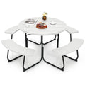 Tangkula 8 Person Picnic Table, Outdoor Round Picnic Table with 4 Built-in Benches, Umbrella Hole, Metal Frame & HDPE Tabletop, Outside Table and Bench Set for Backyard, 2300lbs Weight Capacity - color: White