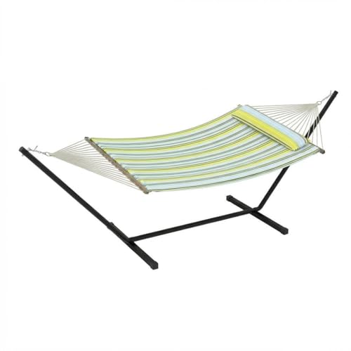 Double Hammock with Stand, Outdoor Quilted Padded Hammock with Heavy Duty Iron Frame, Portable Patio Swing Bed for Backyard Garden, 450 Lbs Capacity,Light Blue-Green Striped - color: Blue Green Stripes
