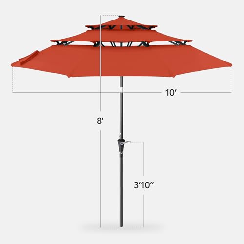 Best Choice Products 10ft 3-Tier Market Patio Umbrella, Outdoor Sun Shade with Tilt, Crank Lift, 8 Ribs for Backyard, Deck, Poolside - color: Rust
