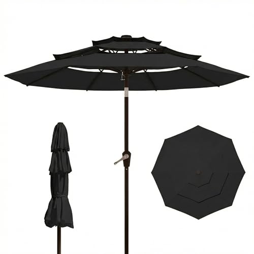 10FT Patio Umbrella 3 Tiers Outdoor Market Umbrella w/Push Button Tilt, Crank, UV and Waterproof Table Umbrella for Garden, Pool, Backyard, Deck, Lawn, Black - color: Black