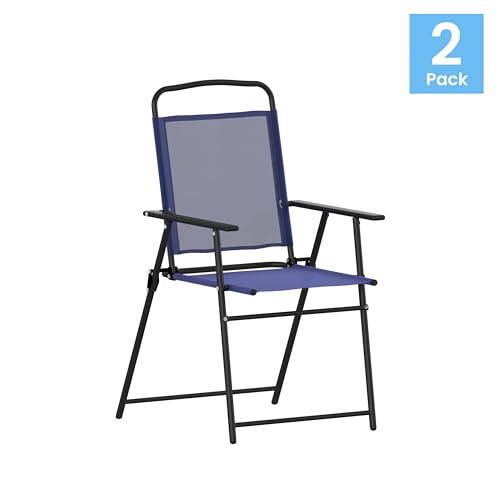 Flash Furniture Mystic Folding Patio Sling Chairs, Outdoor Textilene Lawn Chairs with Armrests, Set of 2, Navy - color: Navy