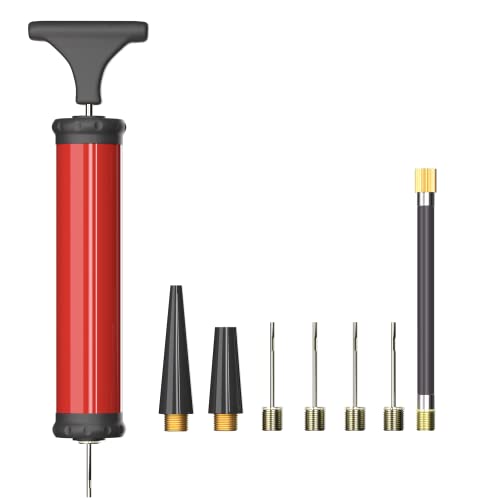 HDNNC Portable Ball Pump, Air Pump with 4 Needles 2 Nozzle 1 Extension Hose Great for Basketball Football Volleyball Soccer - style: Red/Manual