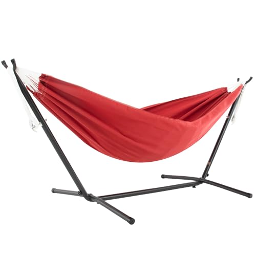 Vivere Double Sunbrella Hammock with Space-Saving Steel Stand, Heavy-Duty Portable Outdoor Hammock Set for Backyard, Patio, or Travel, Crimson - color: Crimson