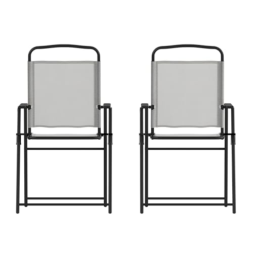 Flash Furniture Mystic Folding Patio Sling Chairs, Outdoor Textilene Lawn Chairs with Armrests, Set of 2, Gray - color: Grey