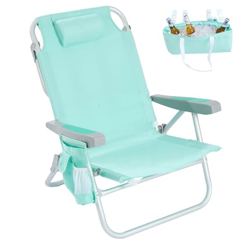 SUNNYFEEL Low Beach Chair, 5-Position Lay Flat Reclining, Backpack Portable Folding Chair with Cooler Bag & Cup Holder, Heavy Duty 350 LBS, Compact for Beach, Camping, Travel - color: Teal, size: 1-pack