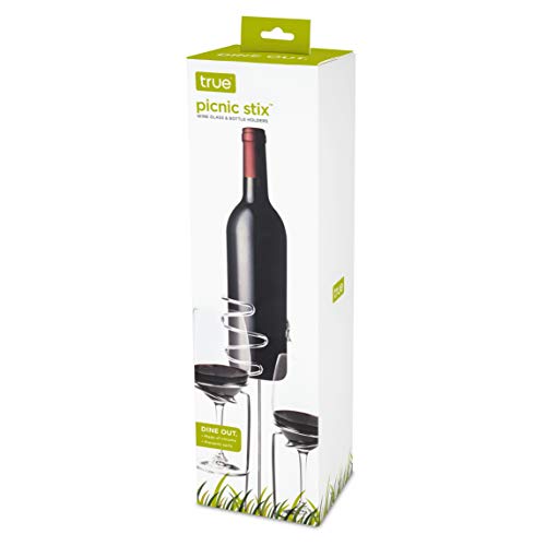 TRUE Picnic Stix Wine Glass & Bottle Holders, Chrome Outdoor Drink Dolder Stakes, Outdoor Cup Holder, Yard Cups, Set of 3, Fits 2 Glasses and 1 Bottle