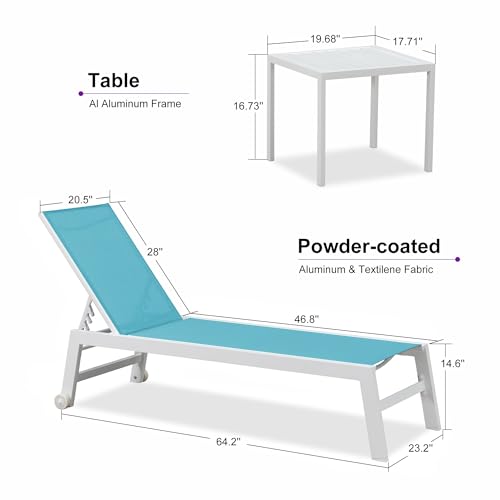 PURPLE LEAF Patio Lounge Chair 2 Pieces White Aluminum Outdoor Chaise Lounge for Pool Backyard Beach with Wheels and Table, Turquoise - color: Turquoise, style: Standard Inclining-leg