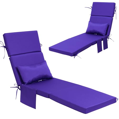 Crestlive Foldable Outdoor Chaise Lounge Cushions with Head Pillow and Side Pockets,Water Repellent & Fade Resistant Lounge Chair Cushion - color: Navy Blue, size: 72"l X 21"w