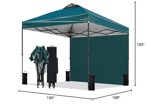 Tunbne 10'x10' Pop Up Canopy Tent with 1 Sidewall and 6 Pockets, One Push Setup, Instant Shade Tent with Vented Roof for Beach Patio Outdoor, Case, 8 Stakes, 4 Ropes, 4 Sandbags (Green, 10x10) - color: Green, size: 10x10