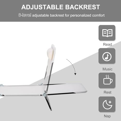Majnesvon Outdoor Tanning Chair with Pillow, Folding Chaise Lounge Chair with Adjustable Backrest, Portable Lay Flat Beach Lounge Chairs for Sunbathing Poolside Patio Lawn Camping(Cream White) - color: Cream White