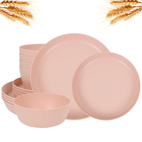 EI 12pcs Pink Wheat Straw Plates,Wheat Straw Dinnerware Set for 4,Plates and Bowls Sets,Plastic Plate Reusable,Unbreakable Plastic Plate Melamine,Camping Family Dishes Set - color: Pink Wheat Straw Plates and Bowls