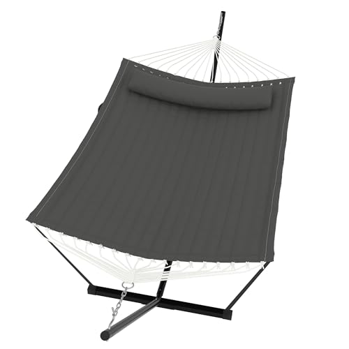 2 Person Double Hammock with Stand & Pillow, 450 LBS Heavy Duty Outdoor Hammock with Balance Rope for Patio Backyard Poolside