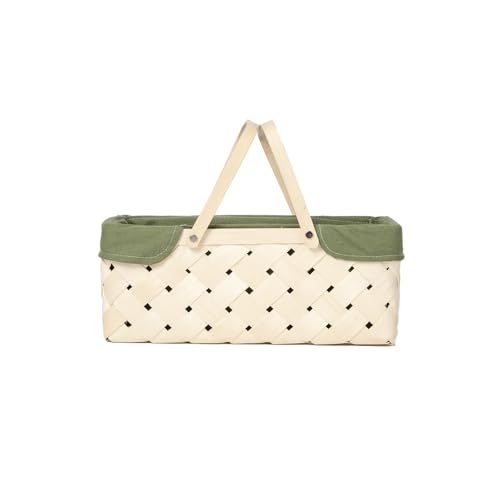 Picnic Basket with Handle，Natural Woodchip Basket with Washable Lining for Camping（14X7.5X5.5inches） (Green) - color: Green